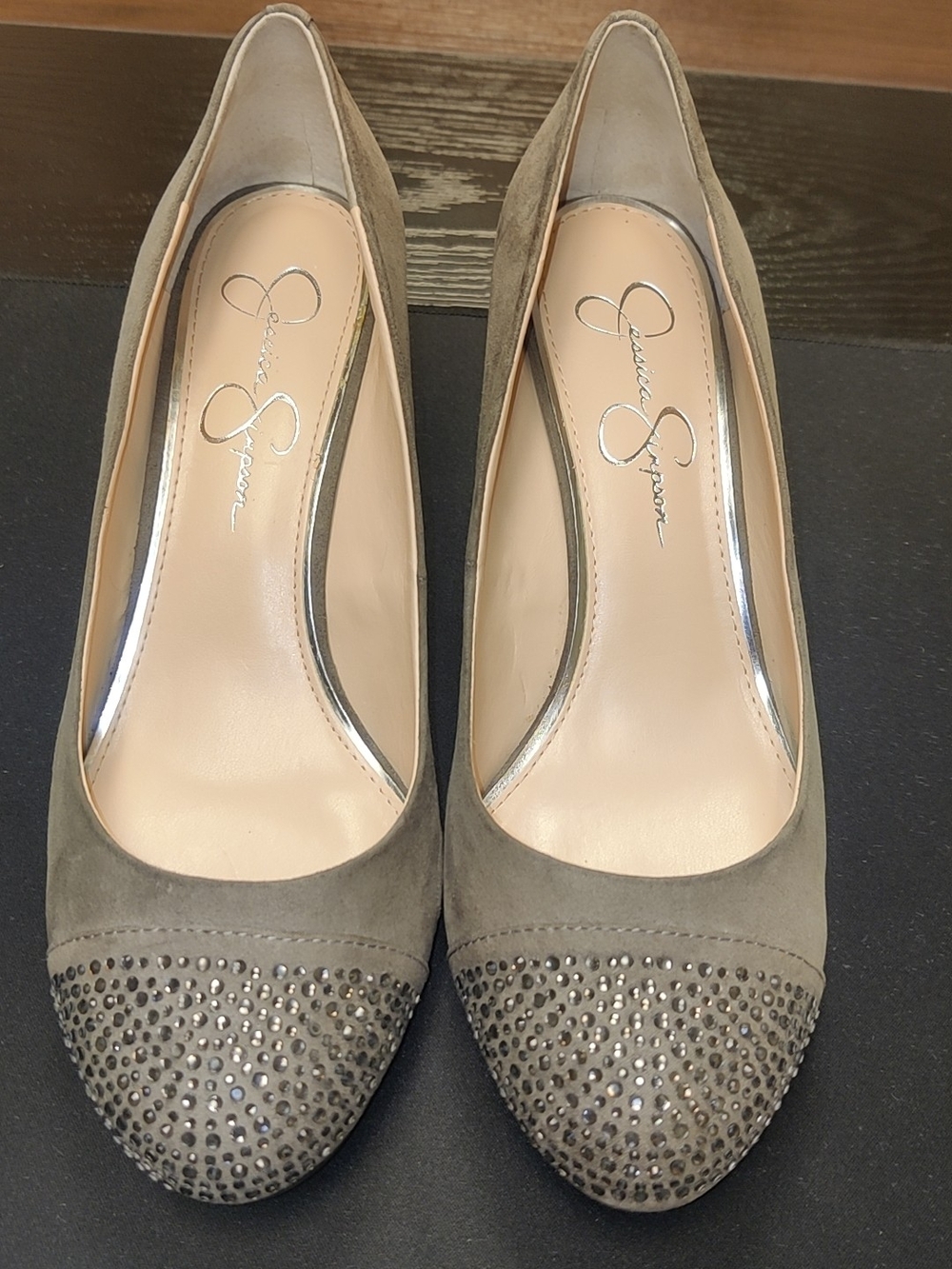 Jessica Simpson Olive Green Suede Crystal Cap-Toe Pumps
